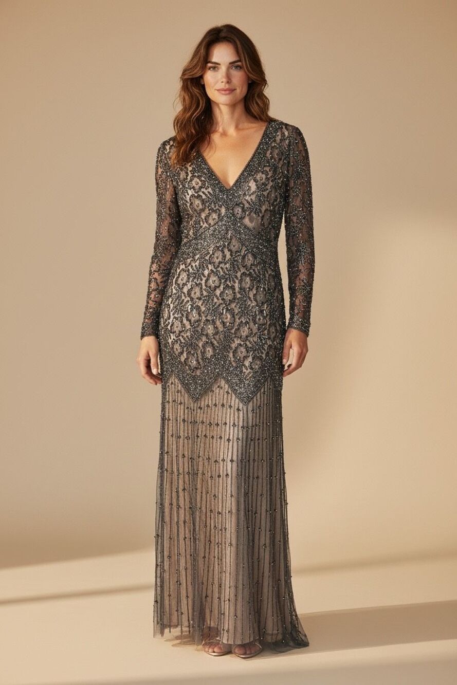 Pizarro Nights Vtg Beaded Sequined Victorian Dark Romantic Gown Dress BLACK 16
